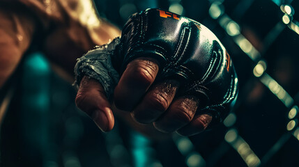 A detailed close-up of a fighter's clenched fist wearing an MMA glove, capturing the intensity and power before a UFC or boxing match.
