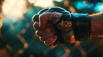 A detailed close-up of a fighter's clenched fist wearing an MMA glove, capturing the intensity and power before a UFC or boxing match.
