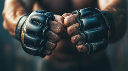 A detailed close-up of a fighter's clenched fist wearing an MMA glove, capturing the intensity and power before a UFC or boxing match.
