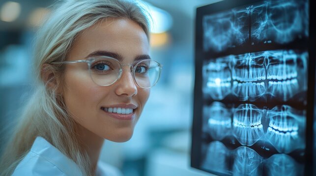 Smiling Female Dentist Looking at Dental X ray