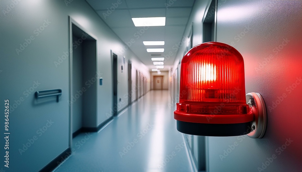 Poster a red flashing alarm light in a hospital corridor. the light is a symbol of danger and warning. the 