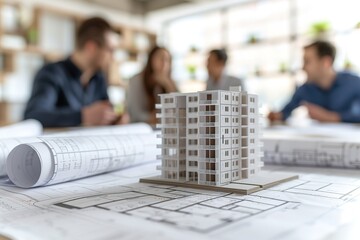 Miniature building model on blueprints with discussing people in