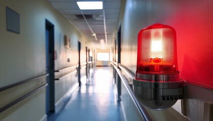 A red flashing alarm light in a hospital corridor. The light is a symbol of danger and warning. The corridor is empty and dimly lit.