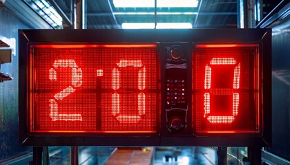 A red LED display with a countdown timer in a futuristic industrial setting.