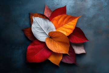 Autumn background - colorful autumn leaf arrangement on textured blue background