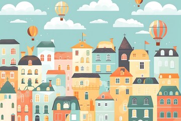 Colorful Cartoon Cityscape With Hot Air Balloons