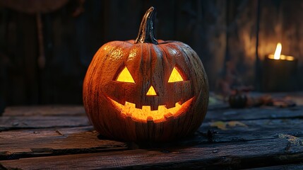 Fototapeta premium Sinister Halloween Pumpkin Resting on Old Wooden Table