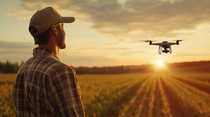 A farmer monitors crop health using a drone in a vast agricultural field during golden hour