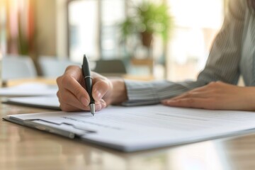 Fototapeta premium Person signing contract in bright office, focus on pen and paper