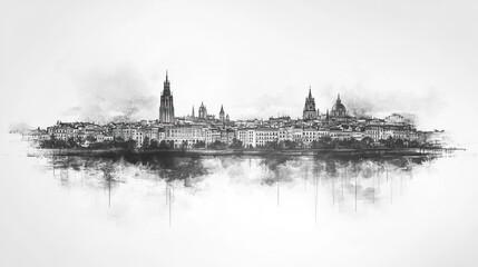 Vitoria, Gasteiz, black and white pen pencil hand-drawn effect drawing illustration for travel poster, card, wallpaper, backdrop or banner. Modern, clear, artistic and simple