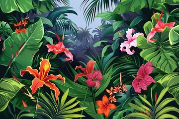 Tropical Rainforest Lush Green Foliage With Vibrant Flowers