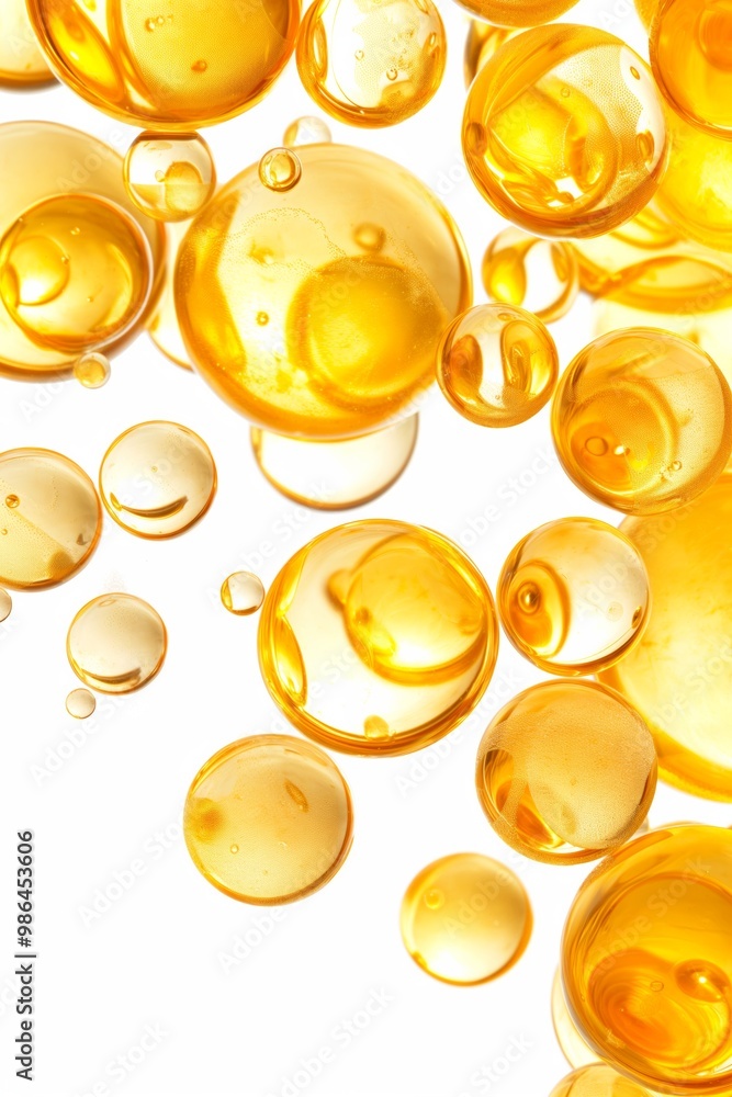 Poster a bunch of yellow bubbles floating in the air. the bubbles are all different sizes and are scattered