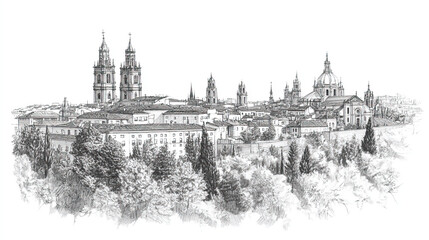 Fototapeta premium Vitoria, Gasteiz, black and white pen pencil hand-drawn effect drawing illustration for travel poster, card, wallpaper, backdrop or banner. Modern, clear, artistic and simple