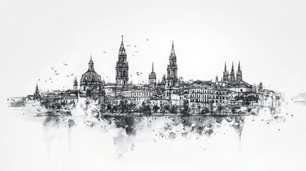 Fototapeta premium Vitoria, Gasteiz, black and white pen pencil hand-drawn effect drawing illustration for travel poster, card, wallpaper, backdrop or banner. Modern, clear, artistic and simple