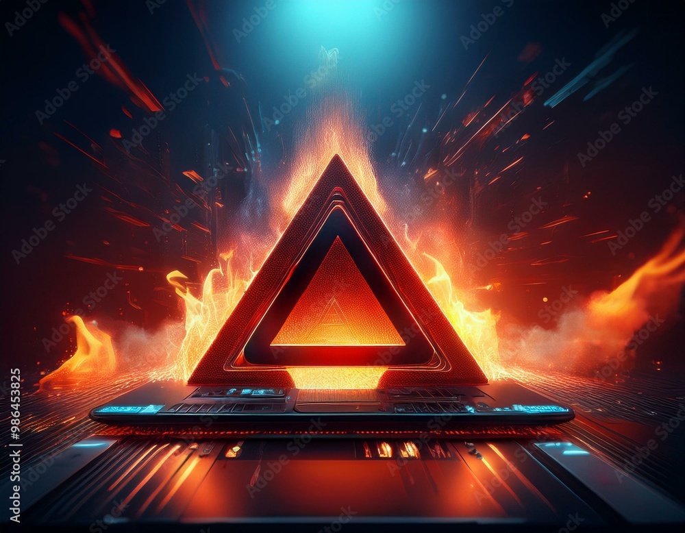 Poster a red triangle warning symbol appears on a computer screen, engulfed in a haze of digital fire. the 