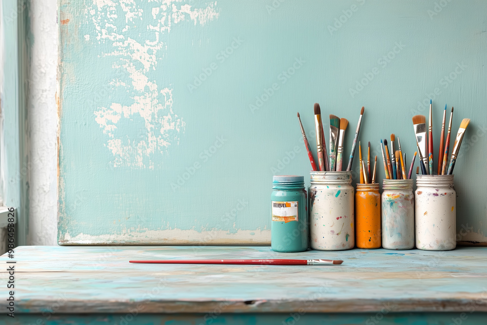 Aufkleber artistic workspace with paintbrushes and jars on a rustic table against a soft blue background