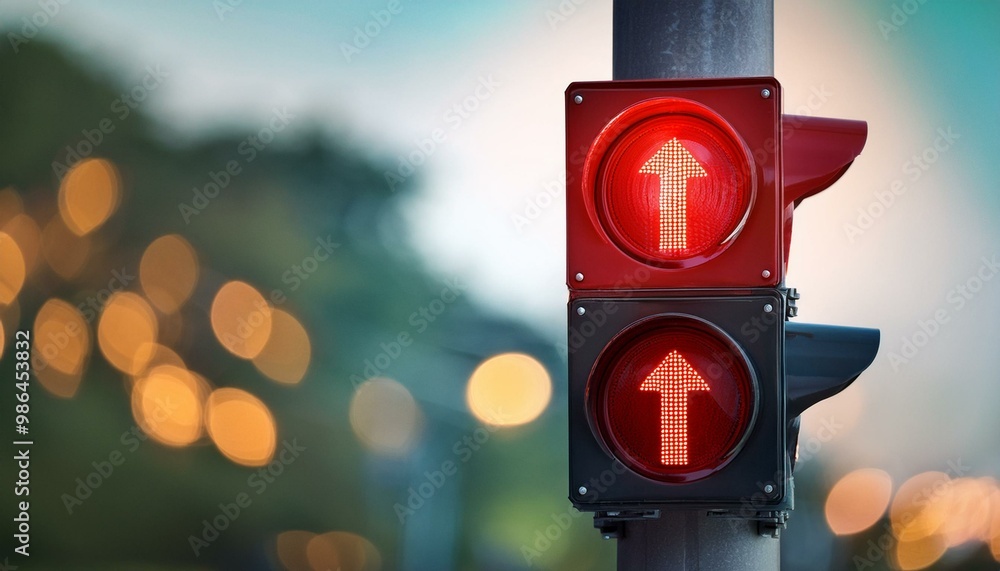 Poster a red traffic light with an arrow pointing upwards, a symbol of caution and direction. the blurry ba