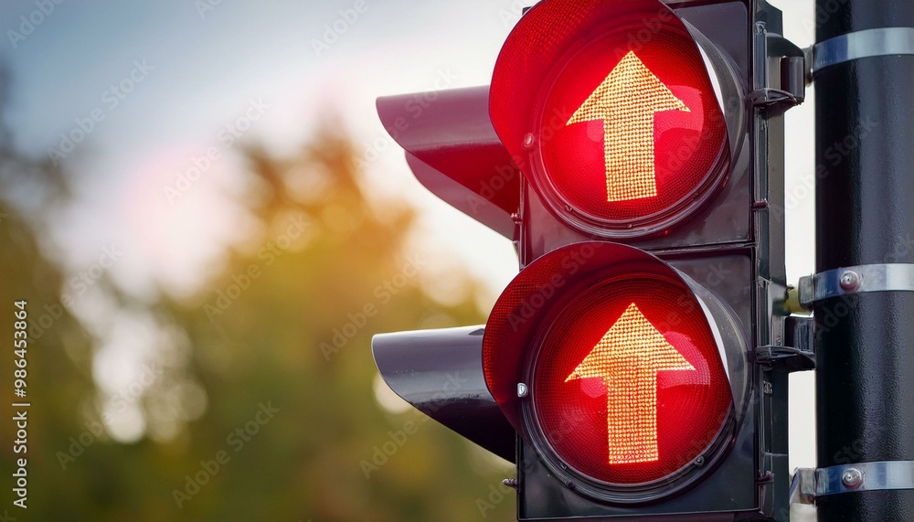 Poster a red traffic light with an arrow pointing upwards, a symbol of caution and direction. the blurry ba