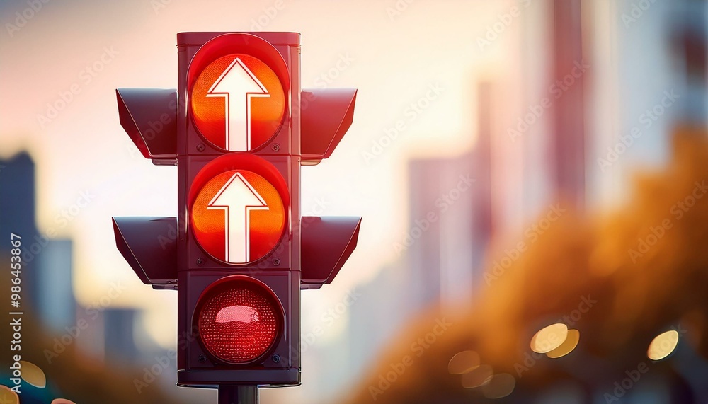 Poster a red traffic light with an arrow pointing upwards, a symbol of caution and direction. the blurry ba