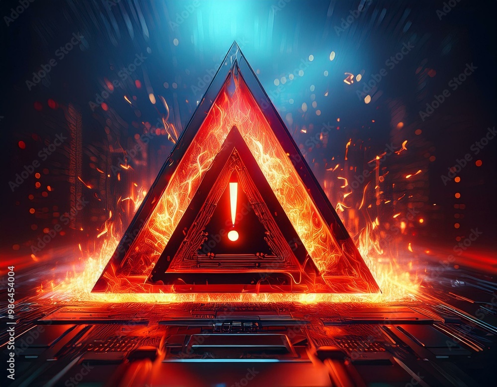 Poster a red triangle warning symbol appears on a computer screen, engulfed in a haze of digital fire. the 