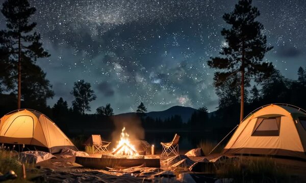 A campsite with two tents and a fire pit 4K Video