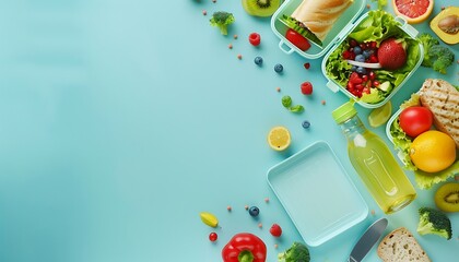 Healthy lunch box with sandwiches, water and fruits on blue background