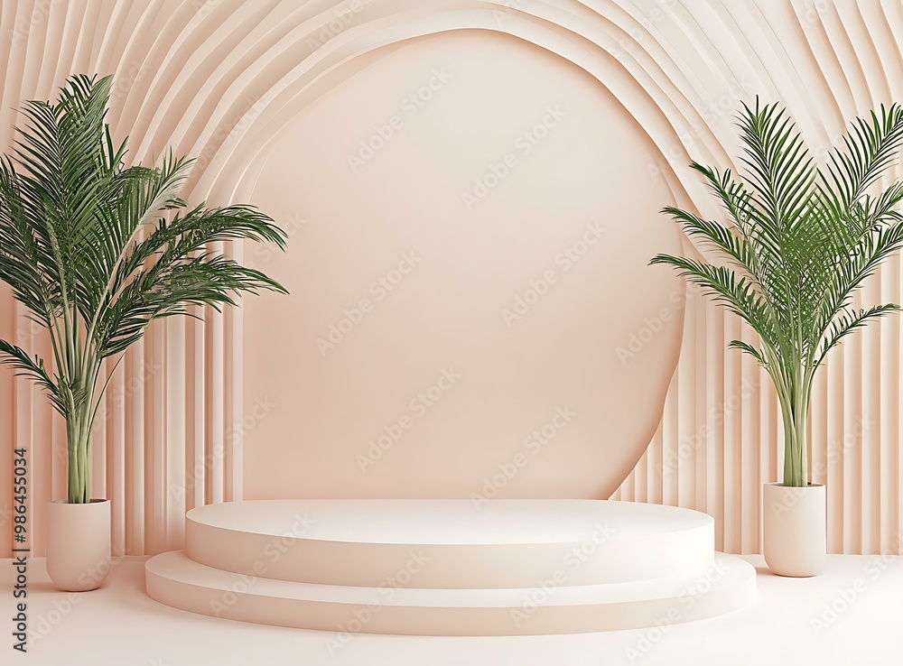 Poster minimalist pink background with palm trees and round platform