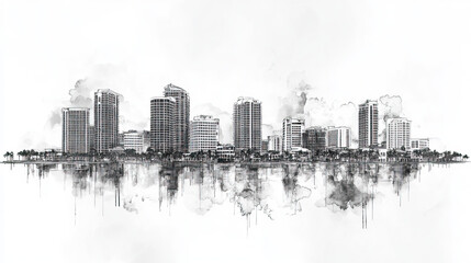 Obraz premium West Palm Beach, Florida, black and white pen pencil hand-drawn effect drawing illustration for travel poster, card, wallpaper, backdrop or banner. Modern, clear, artistic and simple