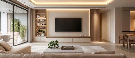 Modern minimalist living room with TV cabinet, bookcase, and dining table Generative AI