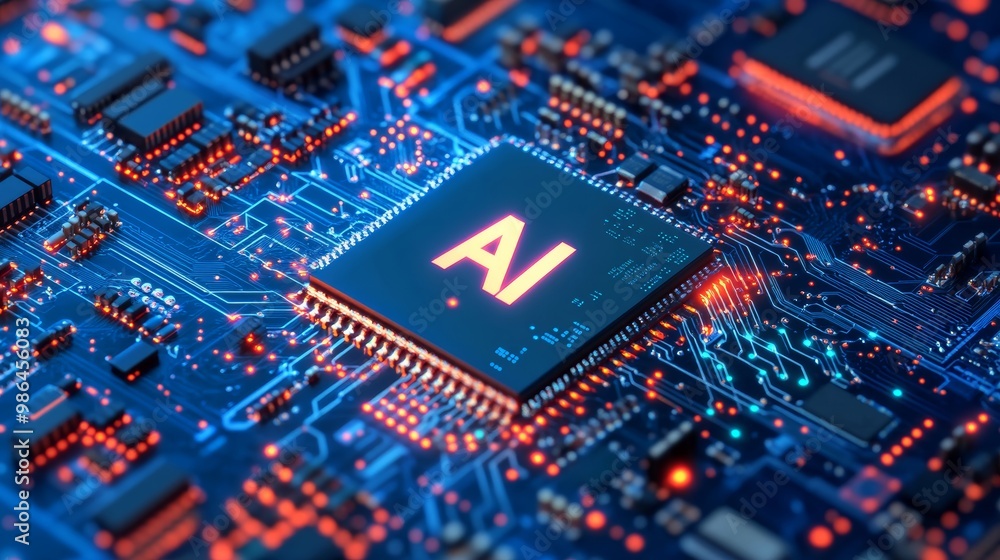 Aufkleber close-up of a printed circuit board with main chip, ai technology concept generative ai