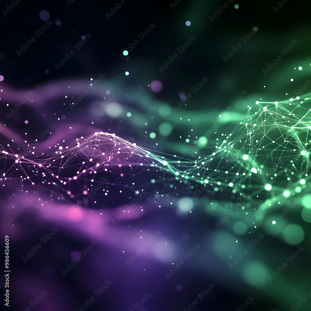 Poster abstract green wavy lines with particle dots and illumination on dark blue background abstract, gene
