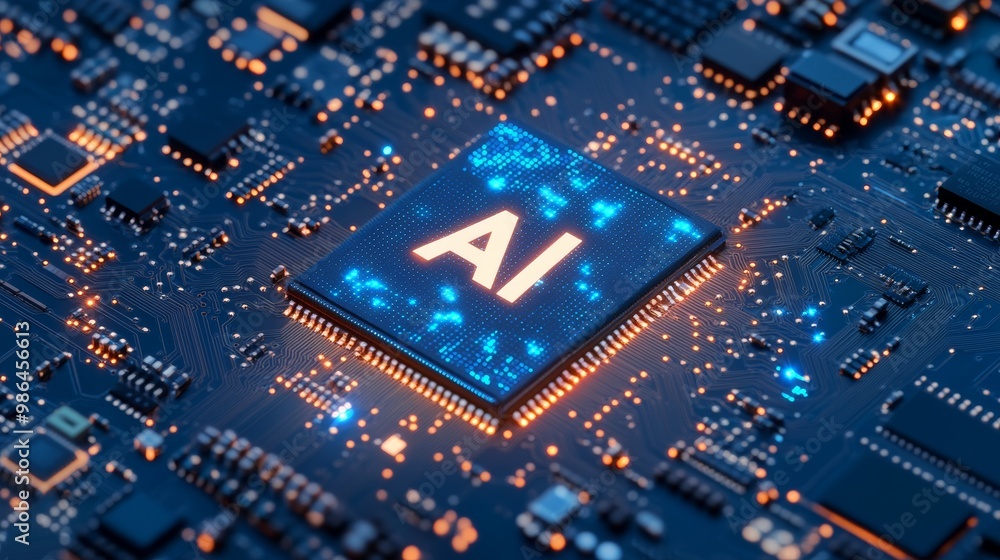 Aufkleber artificial intelligence written on a semiconductor chip on an electronic board, representing ai tech