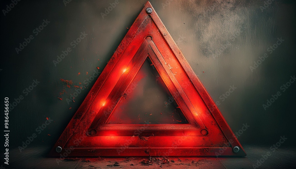 Poster a red warning triangle with blinking lights stands on a grunge background. the triangle is a symbol 