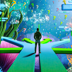 Lost in a maze of endless choices. A person standing at a surreal crossroads, overwhelmed by a multitude of choices and possibilities, symbolizing overthinking.
