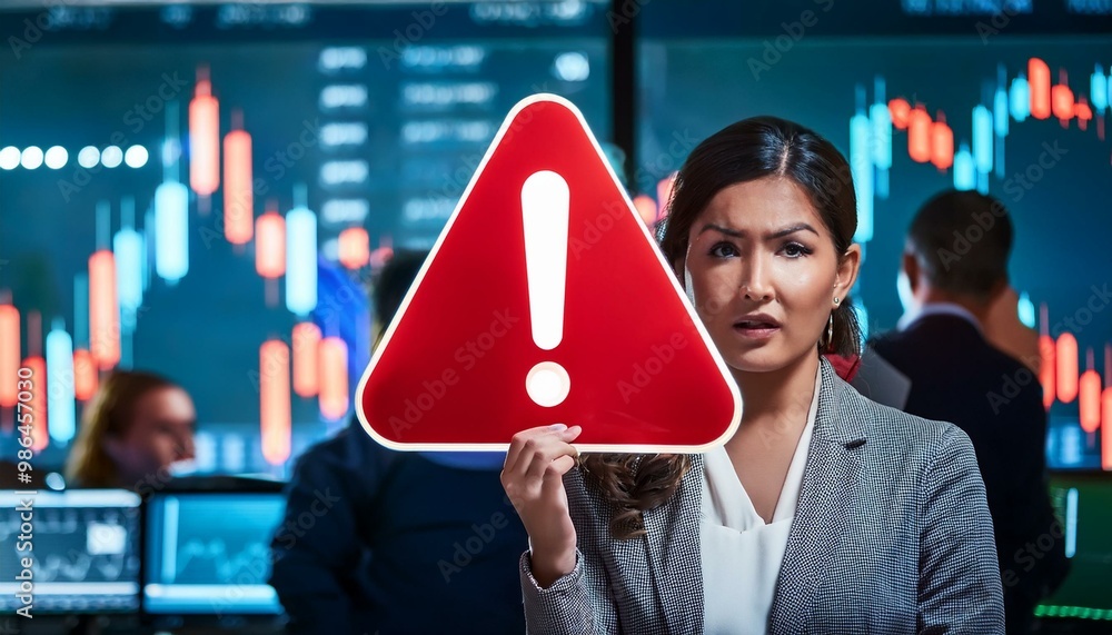 Poster a red warning sign with an exclamation point flashes on a digital display, blurred background with p
