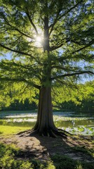 Fototapeta premium A majestic Bald Cypress tree reflects the morning sun over calm waters nearby