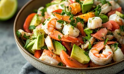 Shrimp, avocado, tomato salad in bowl.
