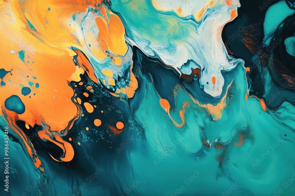 Poster lively abstract art displaying various forms and patterns against a bright teal and orange backdrop