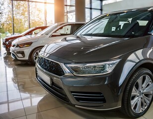 A row of new cars on display in a dealership showroom. The cars are shiny and new, ready for purchase.