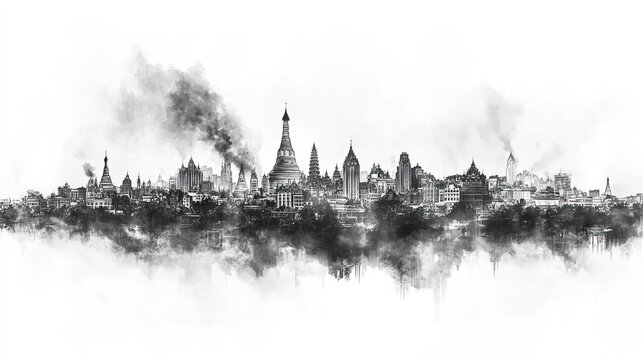 Yangon, Myanmar, black and white pen pencil hand-drawn effect drawing illustration for travel poster, card, wallpaper, backdrop or banner. Modern, clear, artistic and simple