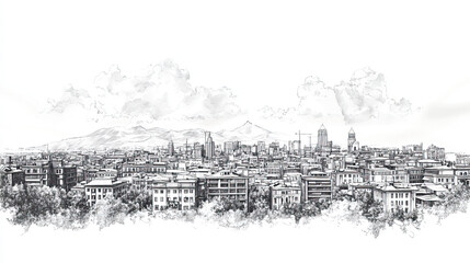 Yerevan, Armenia, black and white pen pencil hand-drawn effect drawing illustration for travel poster, card, wallpaper, backdrop or banner. Modern, clear, artistic and simple