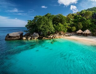 Fototapeta premium A secluded tropical beach with crystal clear turquoise water and a small hut on the shore. The beach is surrounded by lush green trees and a rocky cliff.