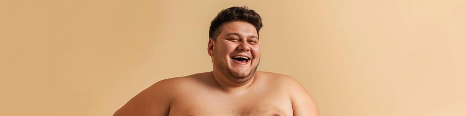 Naklejka premium A man with a big belly laughs. The man is wearing no shirt