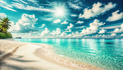 Pristine White Sandy Beach. Tropical beach with a white sandy shore and crystal-clear turquoise waters.