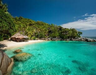 Fototapeta premium A secluded tropical beach with crystal clear turquoise water and a small hut on the shore. The beach is surrounded by lush green trees and a rocky cliff.