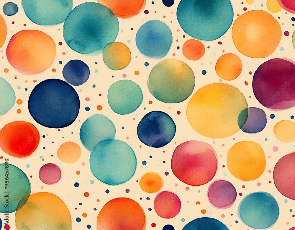 Poster a seamless pattern of colorful watercolor circles on a cream background with a subtle polka dot text