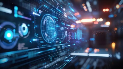 High-tech digital interface featuring a holographic display with neon blue elements, showcasing futuristic technology and advanced data visualization.