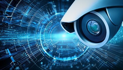 A security camera lens captures a futuristic digital background with glowing lines and data.