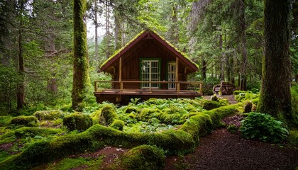 Naklejka premium A secluded, moss-covered cabin nestled deep in a lush forest.