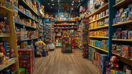 Close up of a toy store with tall shelves filled with brightly colored toys. Ai generated image